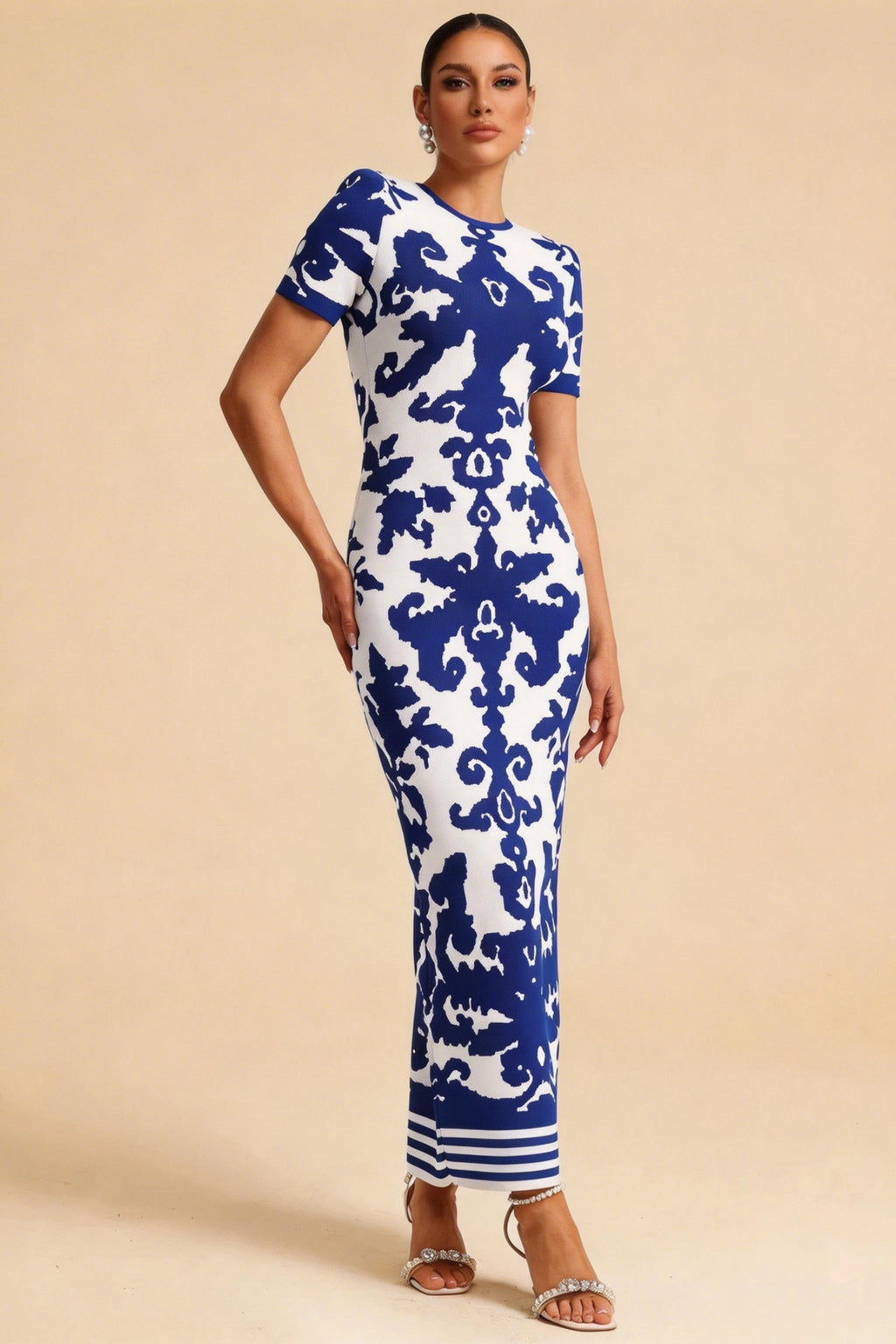 Evelyn Blue Floral Short Sleeve Bandage Maxi Dress