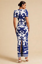 Evelyn Blue Floral Short Sleeve Bandage Maxi Dress