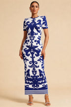 Evelyn Blue Floral Short Sleeve Bandage Maxi Dress