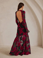 Adeline Floral Embroidered Backless Maxi Dress In Black