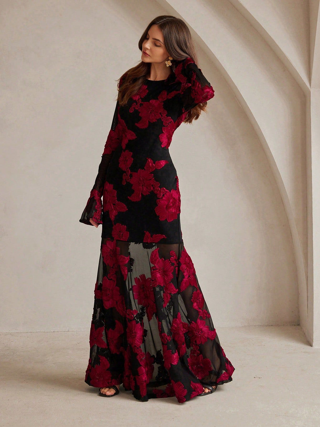 Adeline Floral Embroidered Backless Maxi Dress In Black