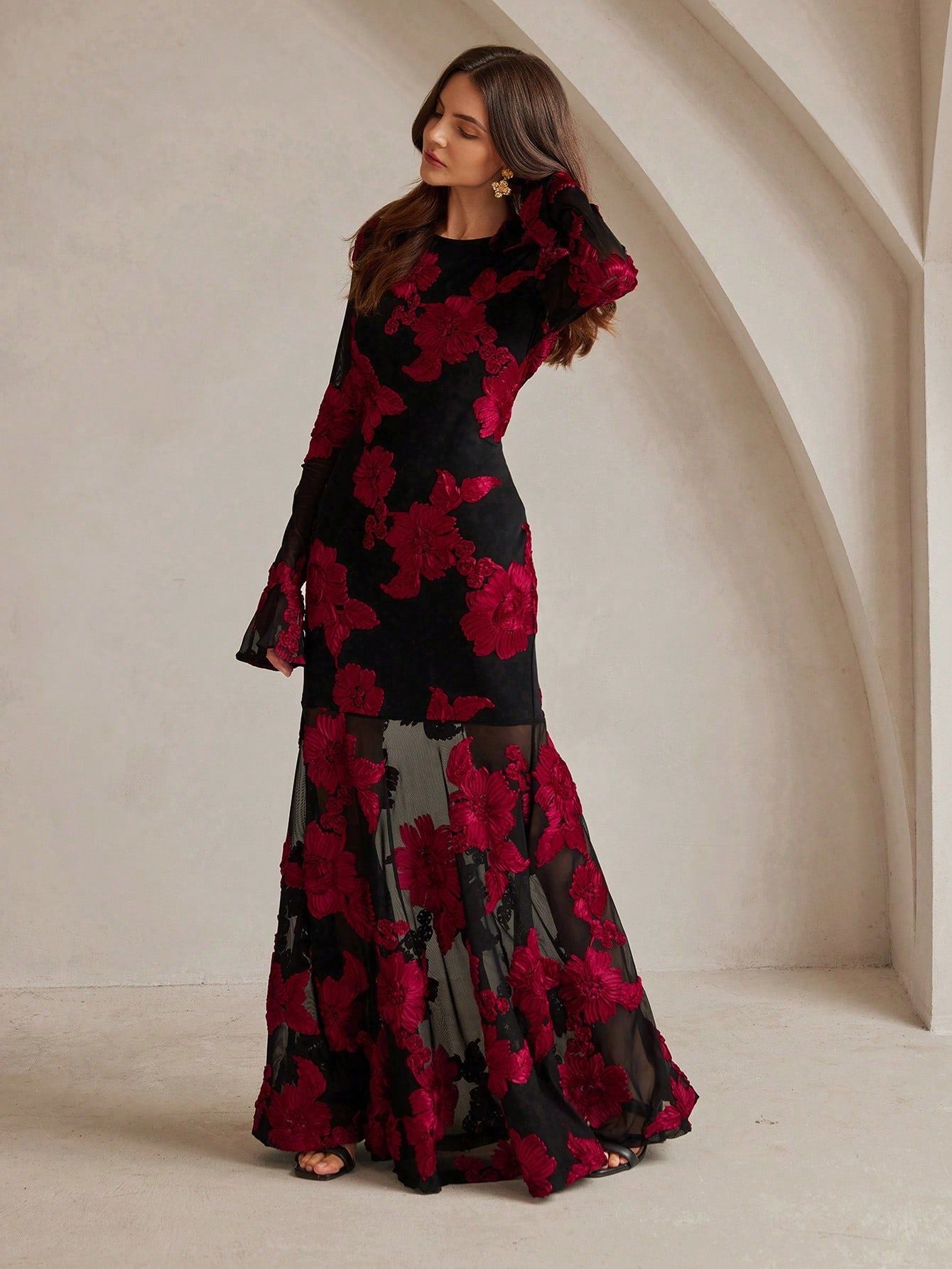 Adeline Floral Embroidered Backless Maxi Dress In Black