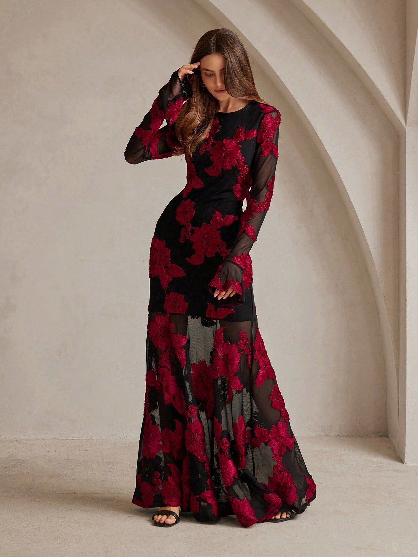 Adeline Floral Embroidered Backless Maxi Dress In Black