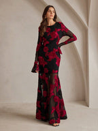 Adeline Floral Embroidered Backless Maxi Dress In Black