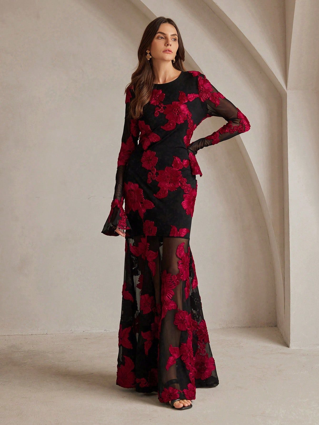 Adeline Floral Embroidered Backless Maxi Dress In Black