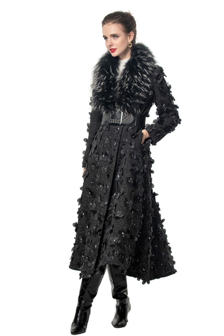 Luna Fur Collar 3D Floral Coat In Black