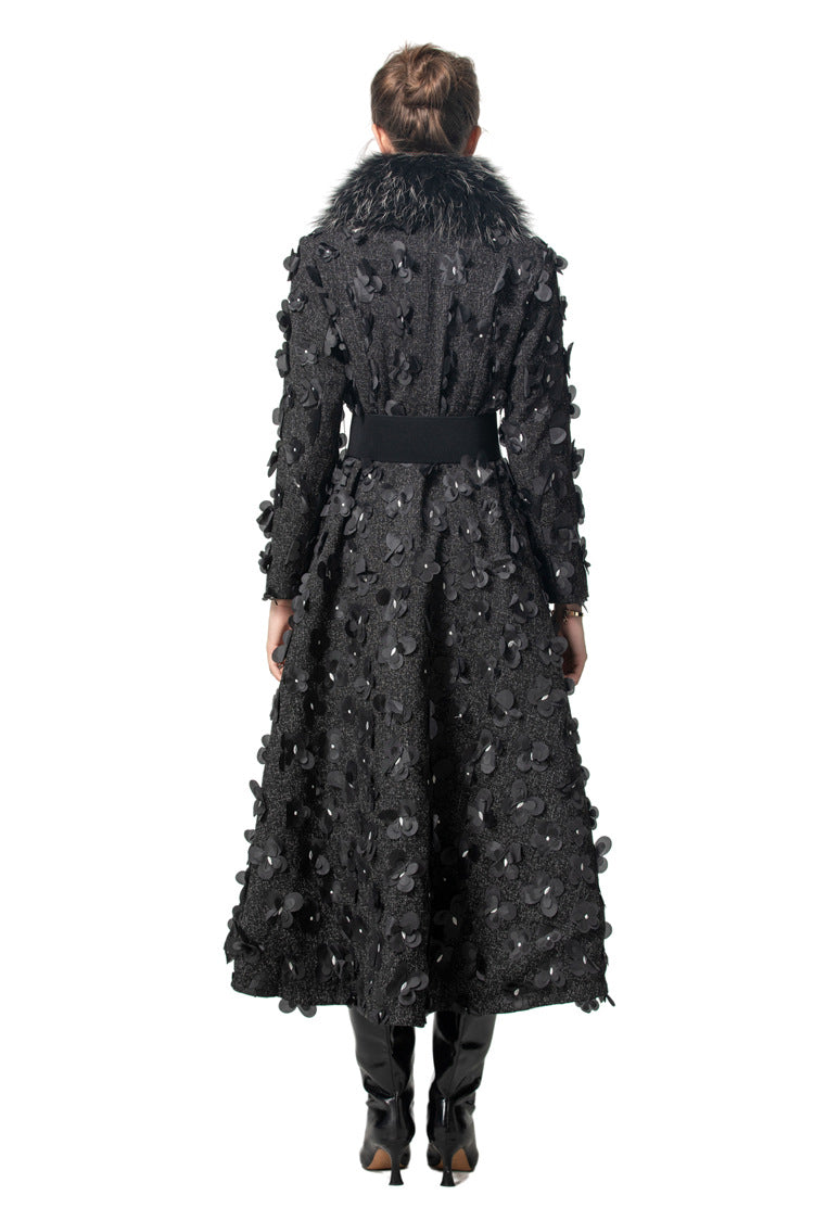 Luna Fur Collar 3D Floral Coat In Black
