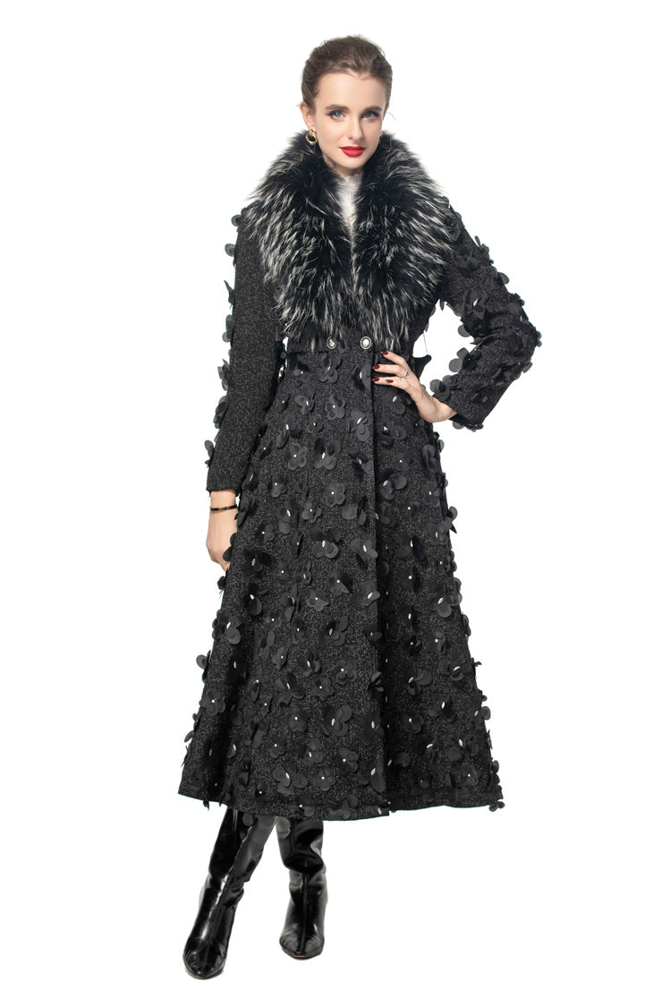 Luna Fur Collar 3D Floral Coat In Black