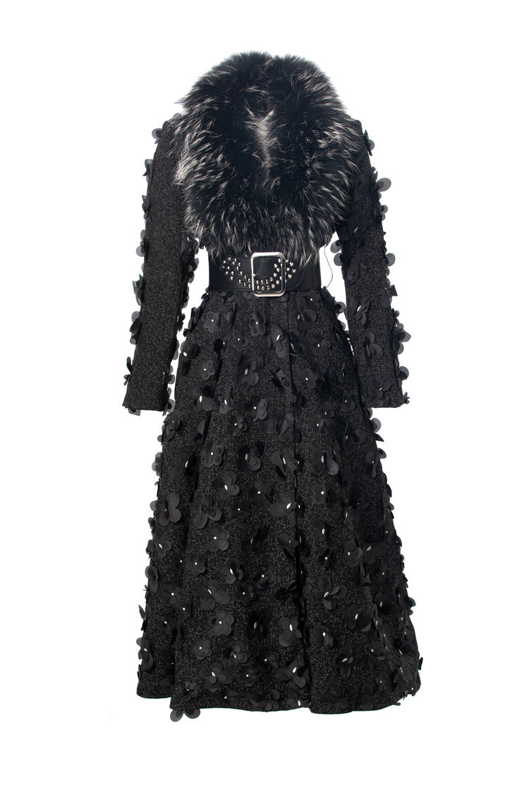Luna Fur Collar 3D Floral Coat In Black