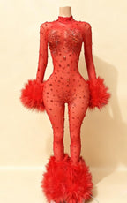Gage Red Rhinestone Feather Sheer Jumpsuit