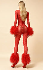 Gage Red Rhinestone Feather Sheer Jumpsuit