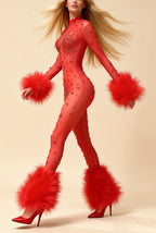 Gage Red Rhinestone Feather Sheer Jumpsuit
