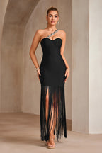 George Black One-Shoulder Rhinestone Bandage Midi Dress