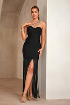 George Black One-Shoulder Rhinestone Bandage Midi Dress