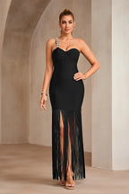George Black One-Shoulder Rhinestone Bandage Midi Dress