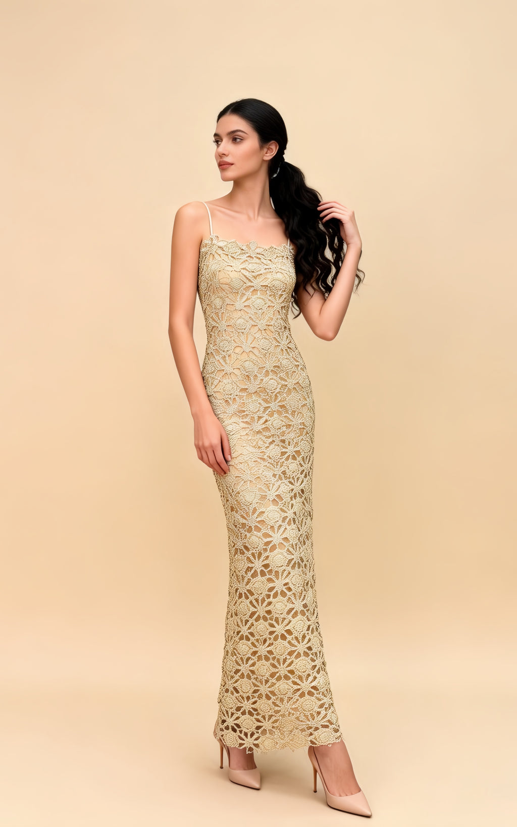 Gianna Champagne Cut Out Slip Midi Dress