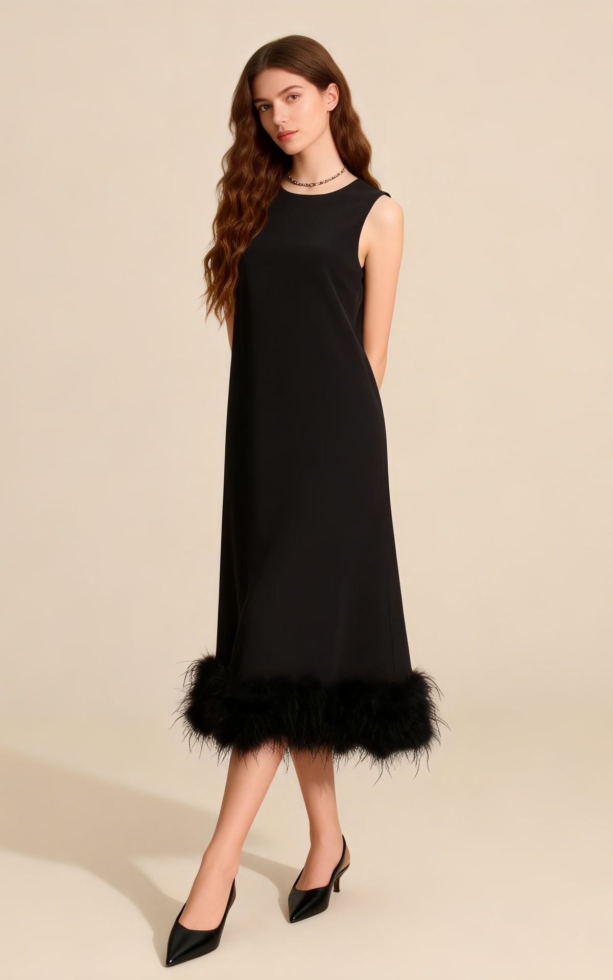 Greta Black Sleeveless Feather-Hem Maxi Dress