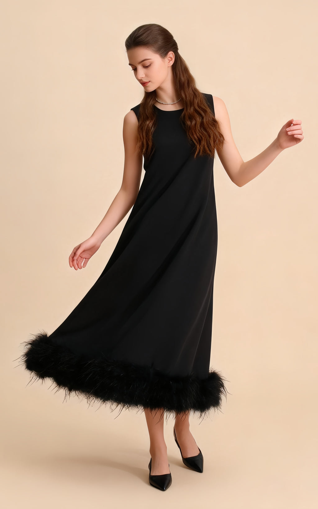 Greta Black Sleeveless Feather-Hem Maxi Dress