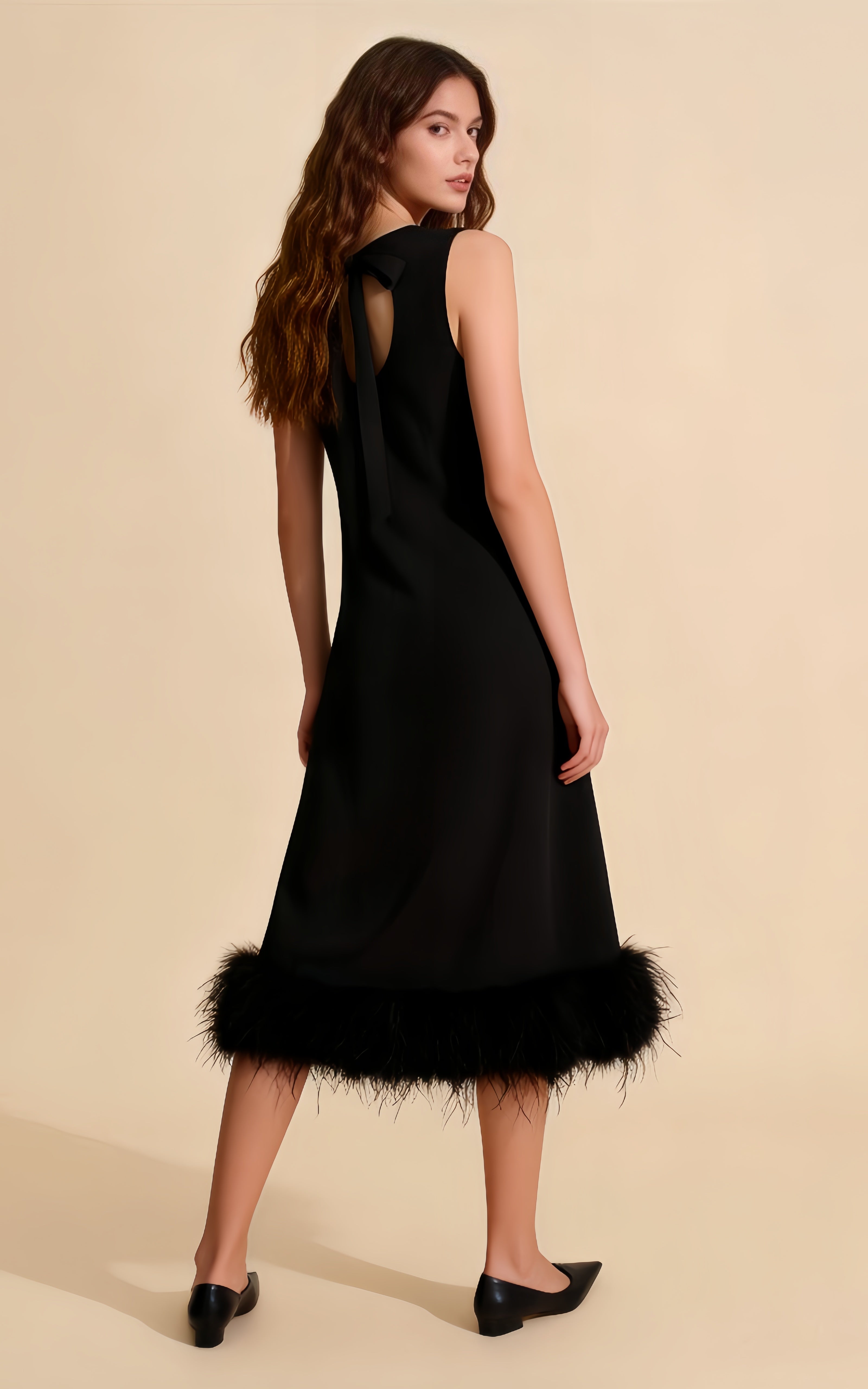 Greta Black Sleeveless Feather-Hem Maxi Dress