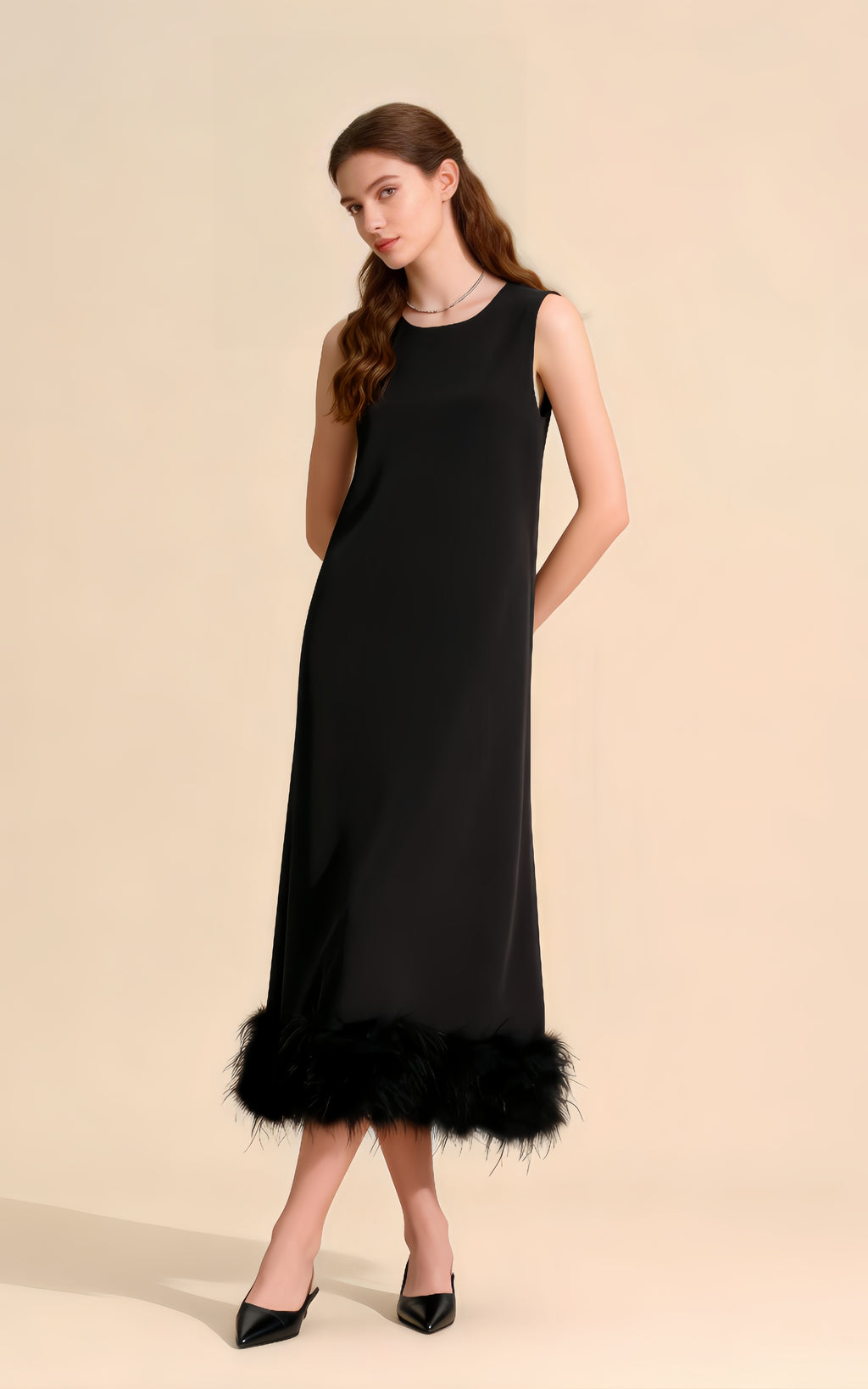 Greta Black Sleeveless Feather-Hem Maxi Dress