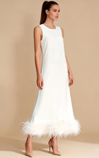 Greta White Sleeveless Feather-Hem Maxi Dress
