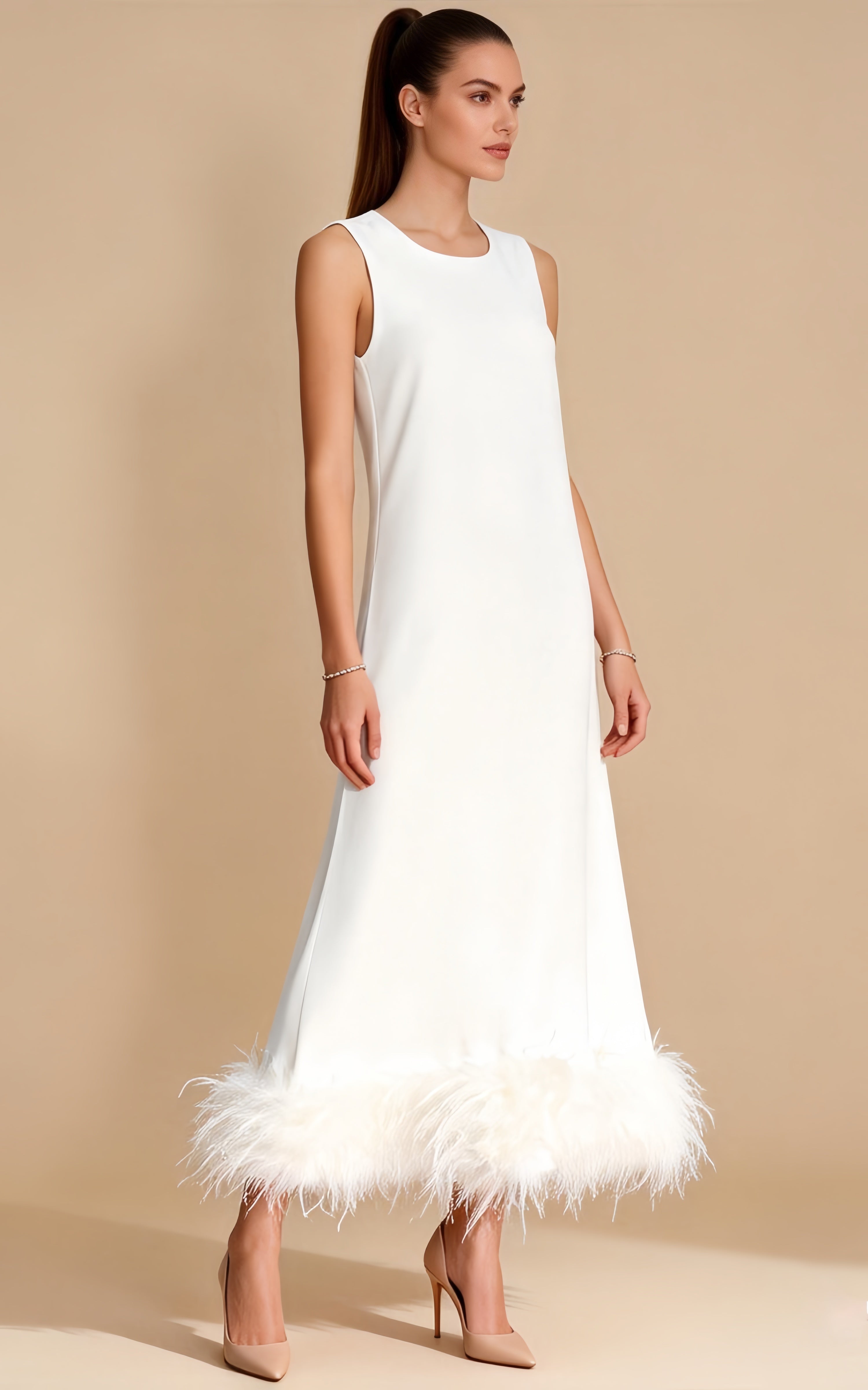 Greta White Sleeveless Feather-Hem Maxi Dress