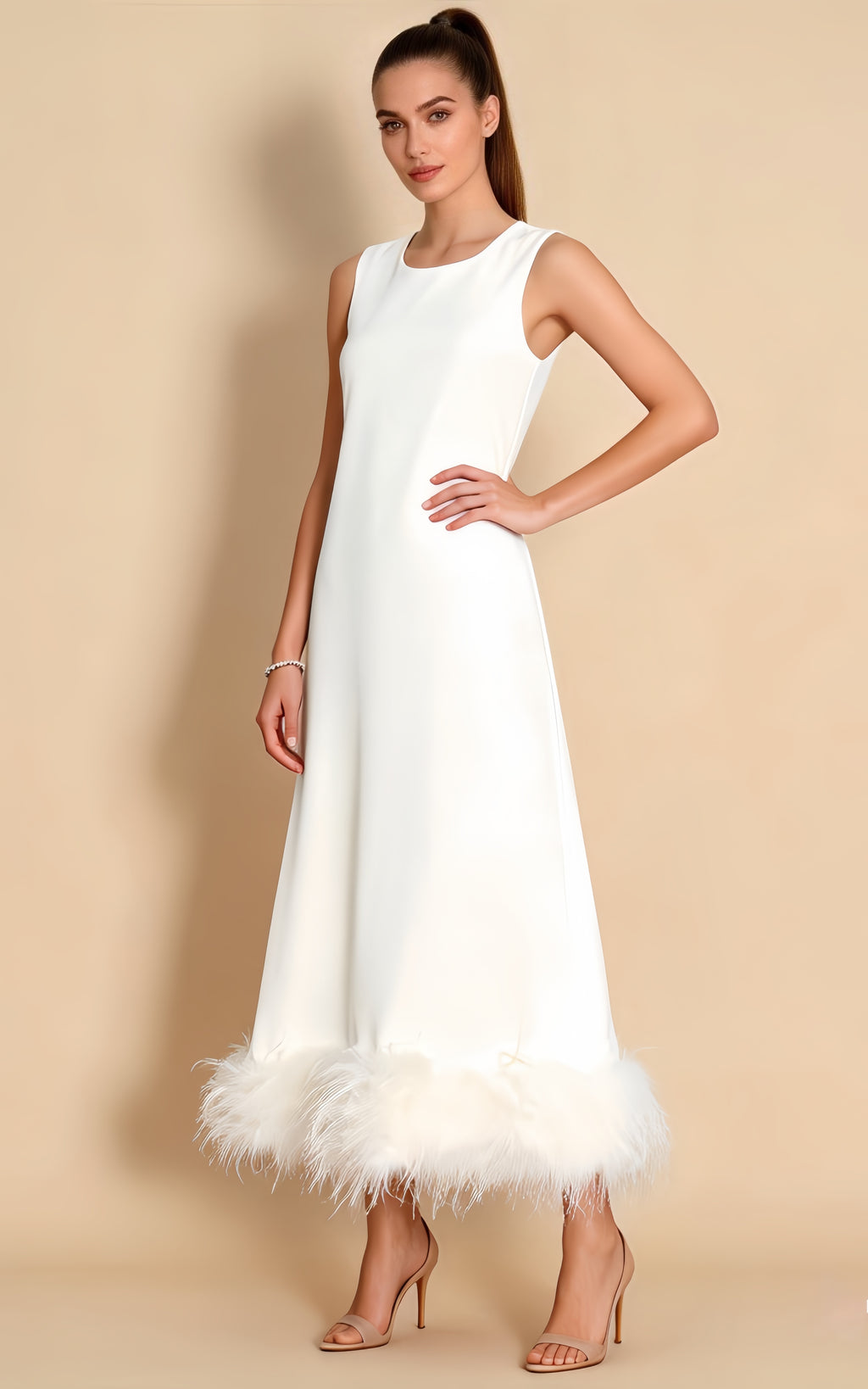 Greta White Sleeveless Feather-Hem Maxi Dress
