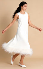 Greta White Sleeveless Feather-Hem Maxi Dress