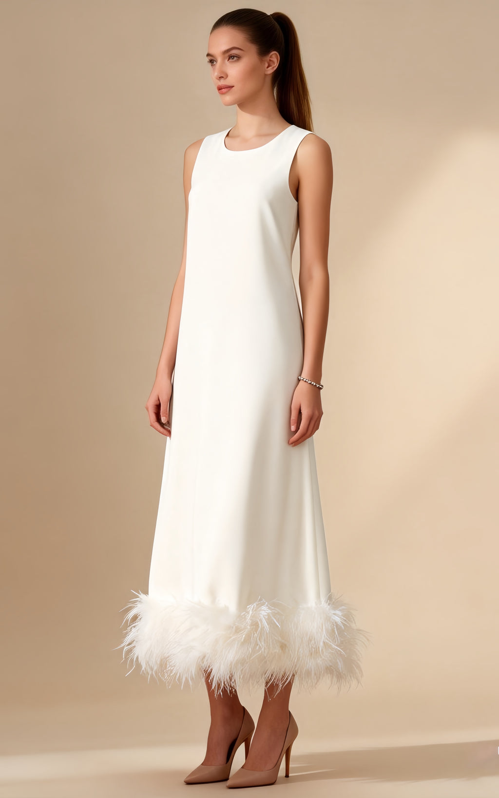 Greta White Sleeveless Feather-Hem Maxi Dress