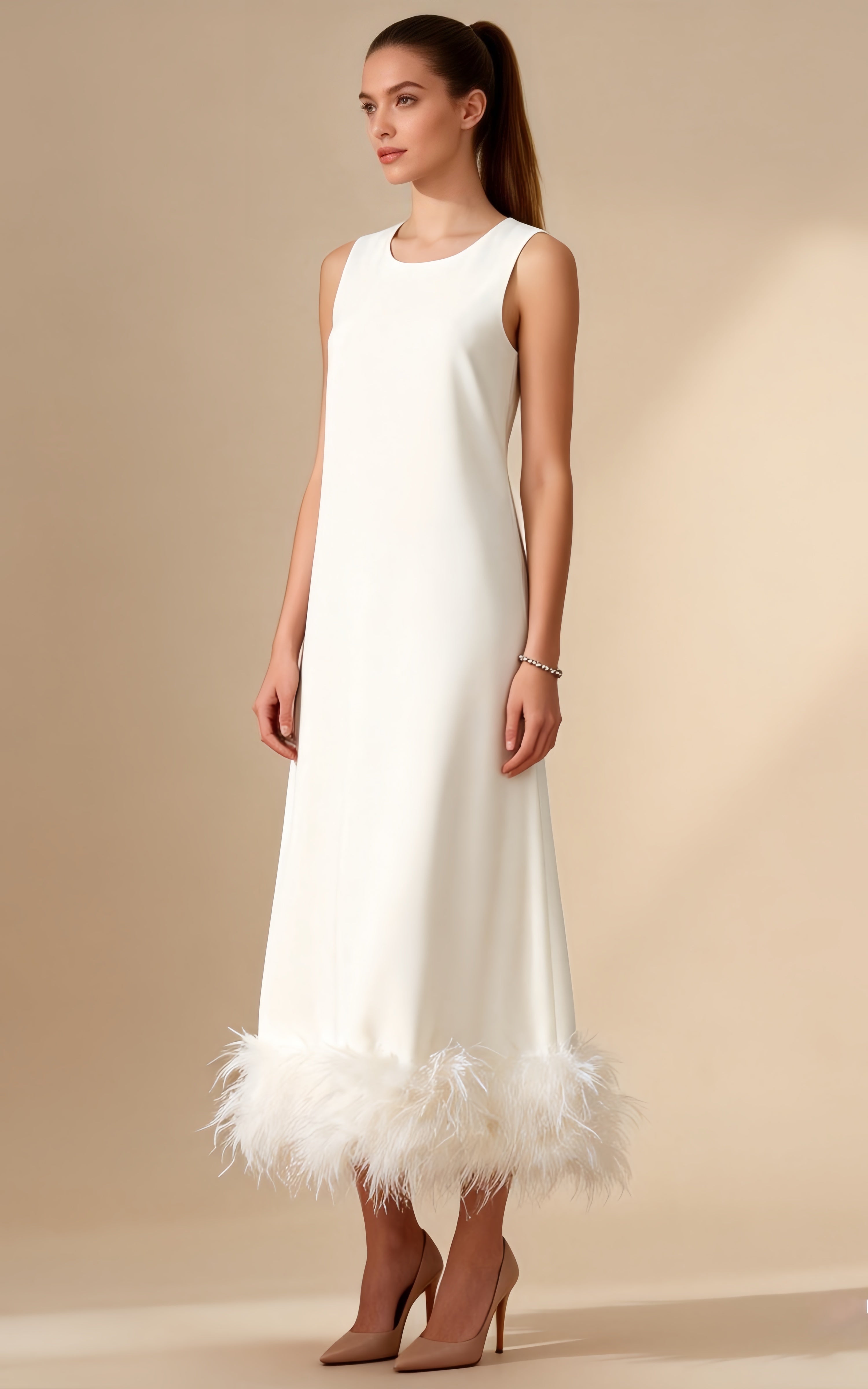 Greta White Sleeveless Feather-Hem Maxi Dress