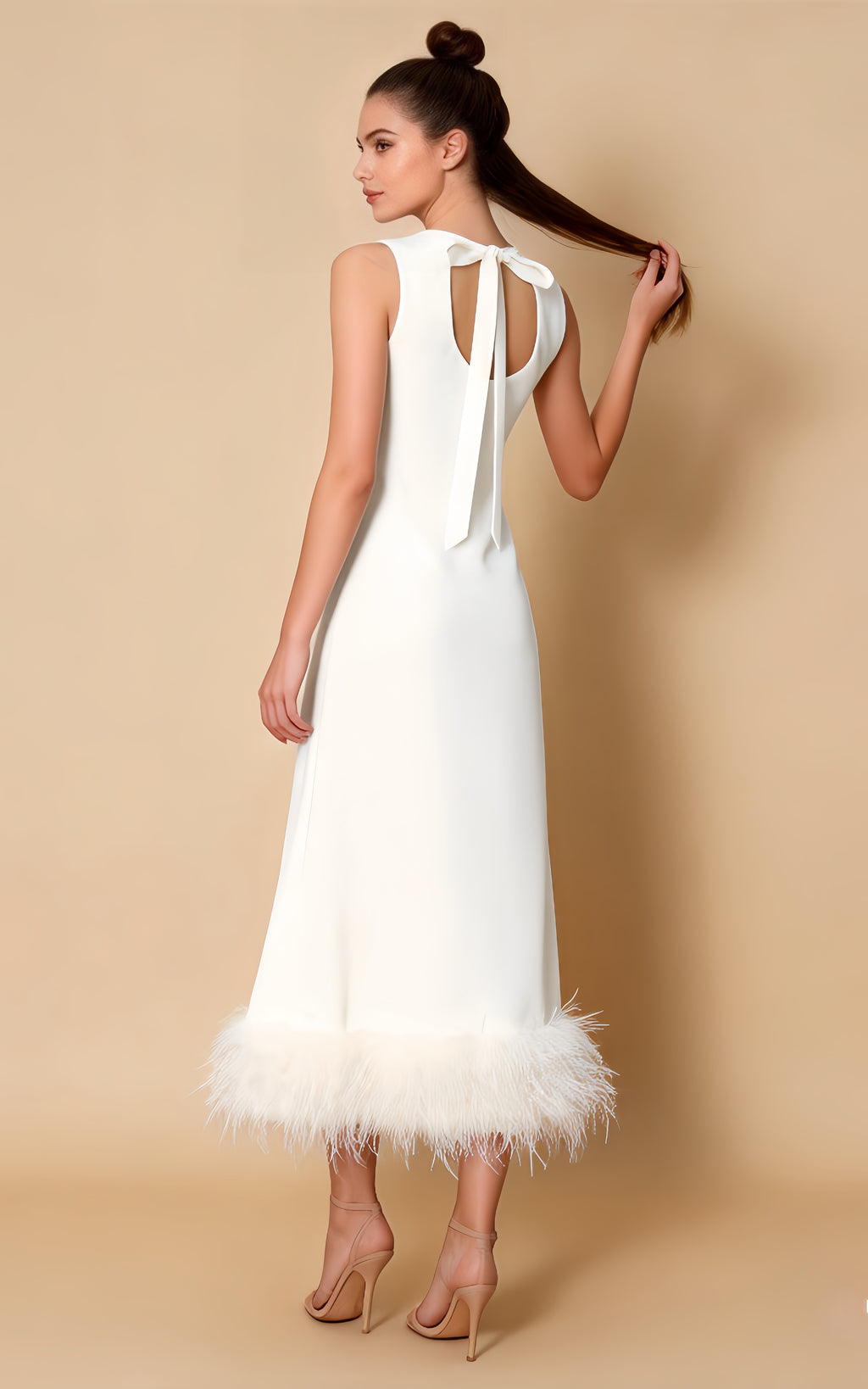 Greta White Sleeveless Feather-Hem Maxi Dress