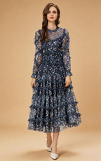 Hazel Floral Layered Ruffle Mesh Maxi Dress In Purple