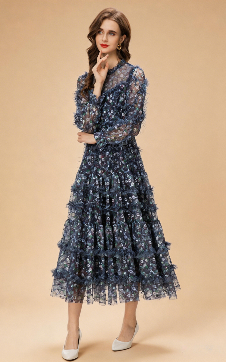 Hazel Floral Layered Ruffle Mesh Maxi Dress In Purple