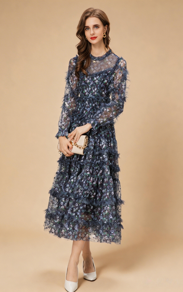 Hazel Floral Layered Ruffle Mesh Maxi Dress In Purple