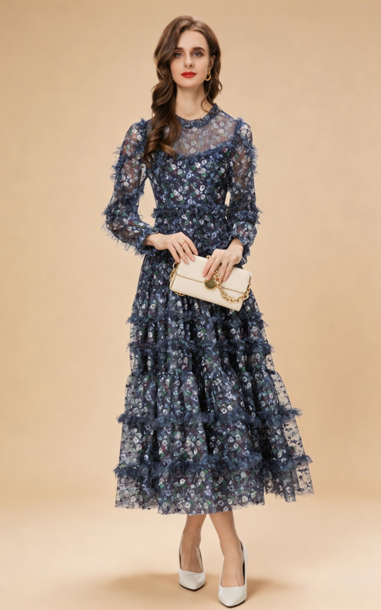 Hazel Floral Layered Ruffle Mesh Maxi Dress In Purple