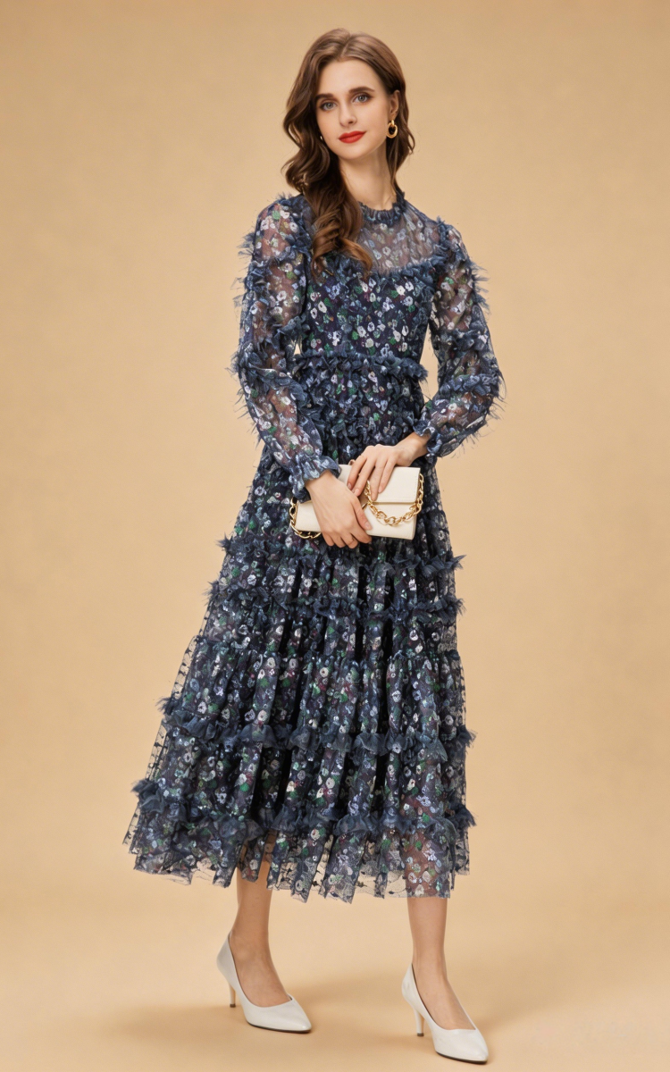 Hazel Floral Layered Ruffle Mesh Maxi Dress In Purple