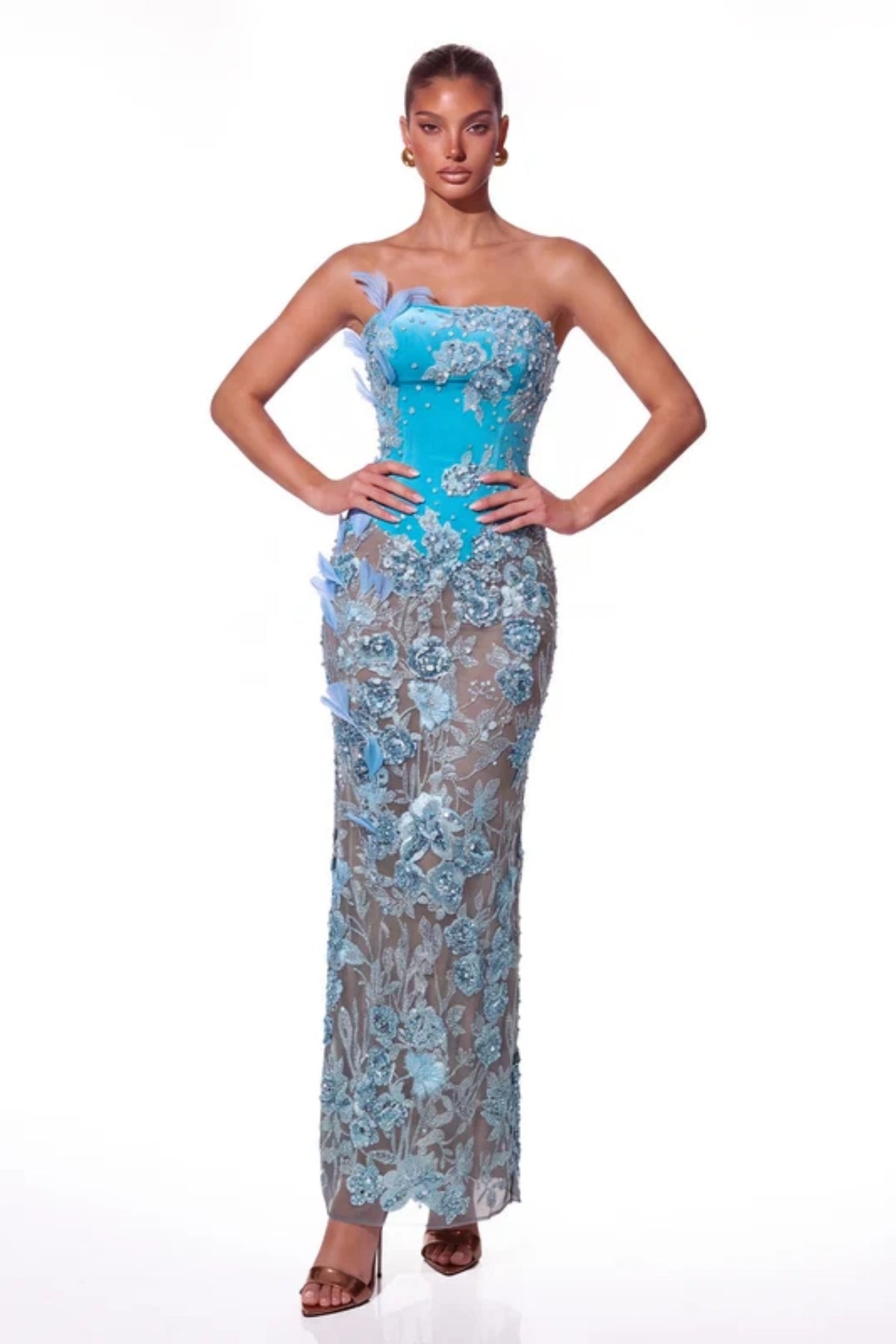 Holly Strapless Sequin Feather Evening Maxi Dress - Teal Blue