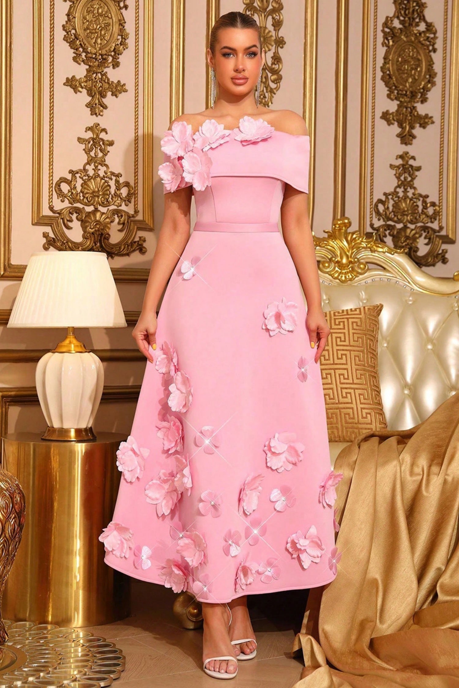 Isabel Pink Off-Shoulder Floral Bandage Dress