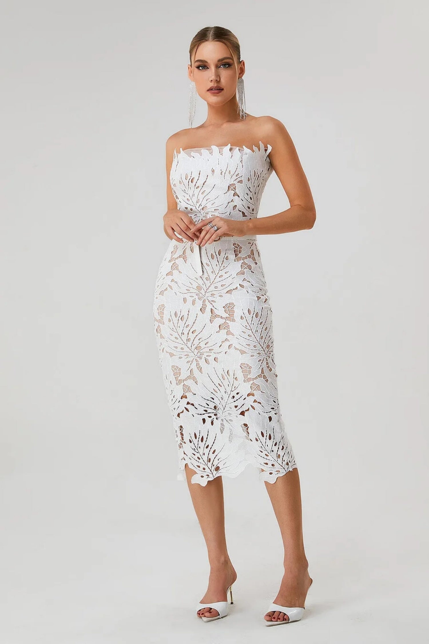 Isidore White Lace Floral Bandage Midi Dress