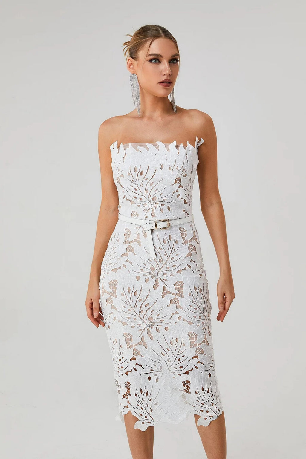 Isidore White Lace Floral Bandage Midi Dress