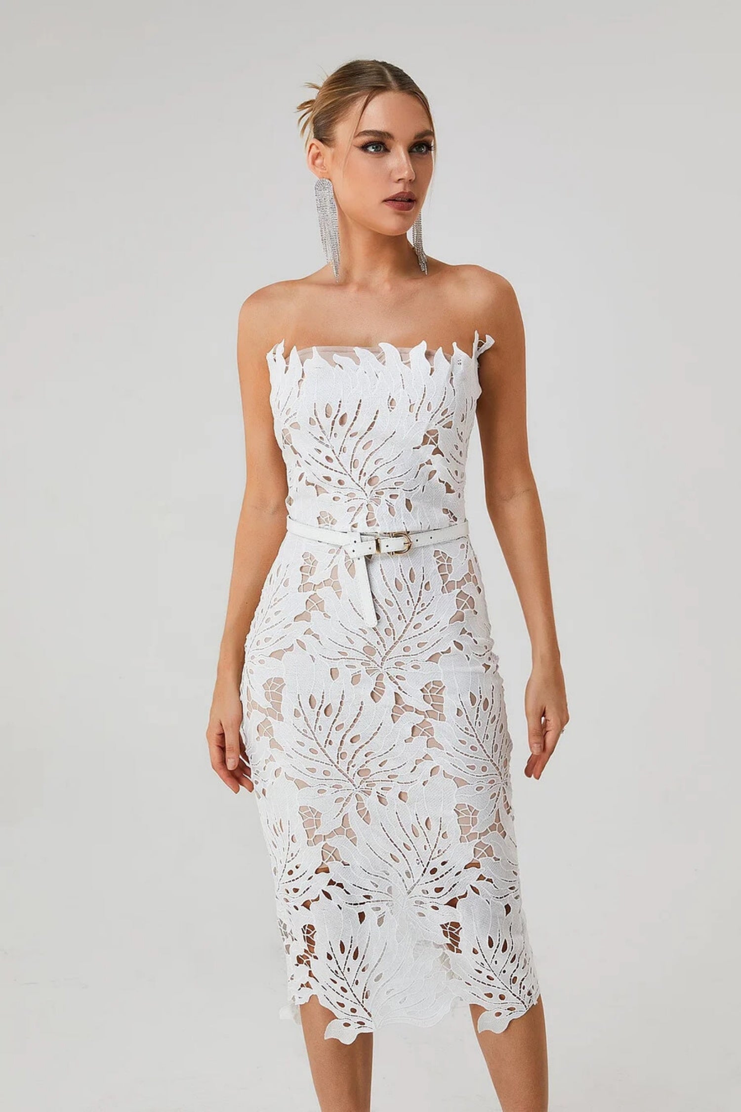 Isidore White Lace Floral Bandage Midi Dress