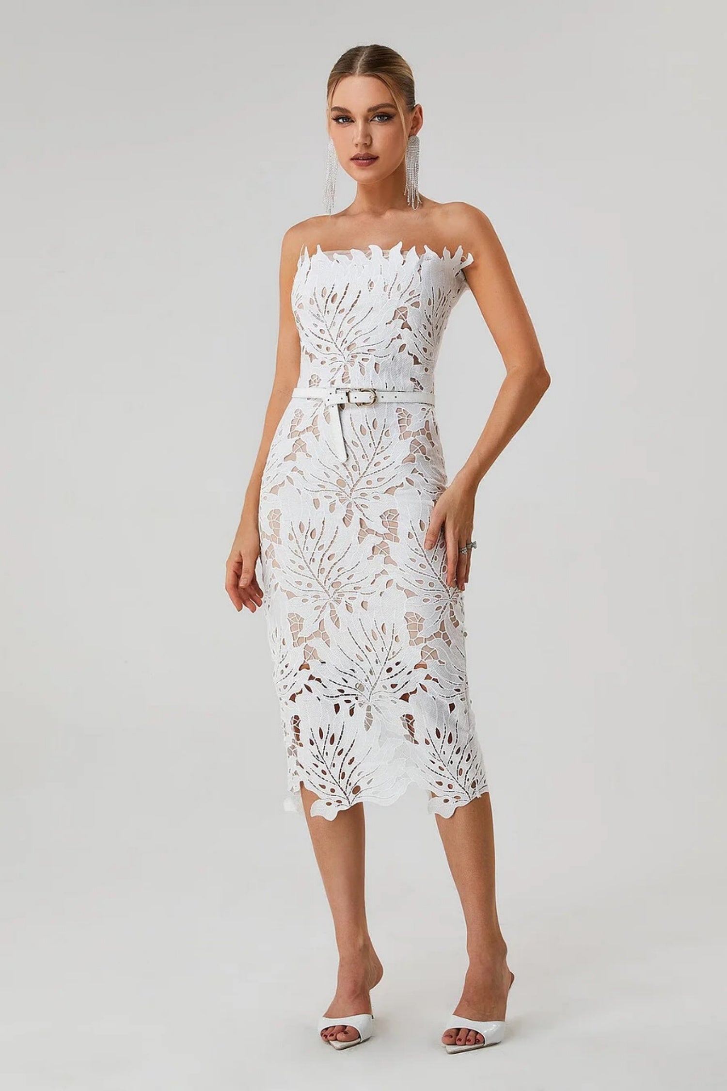 Isidore White Lace Floral Bandage Midi Dress