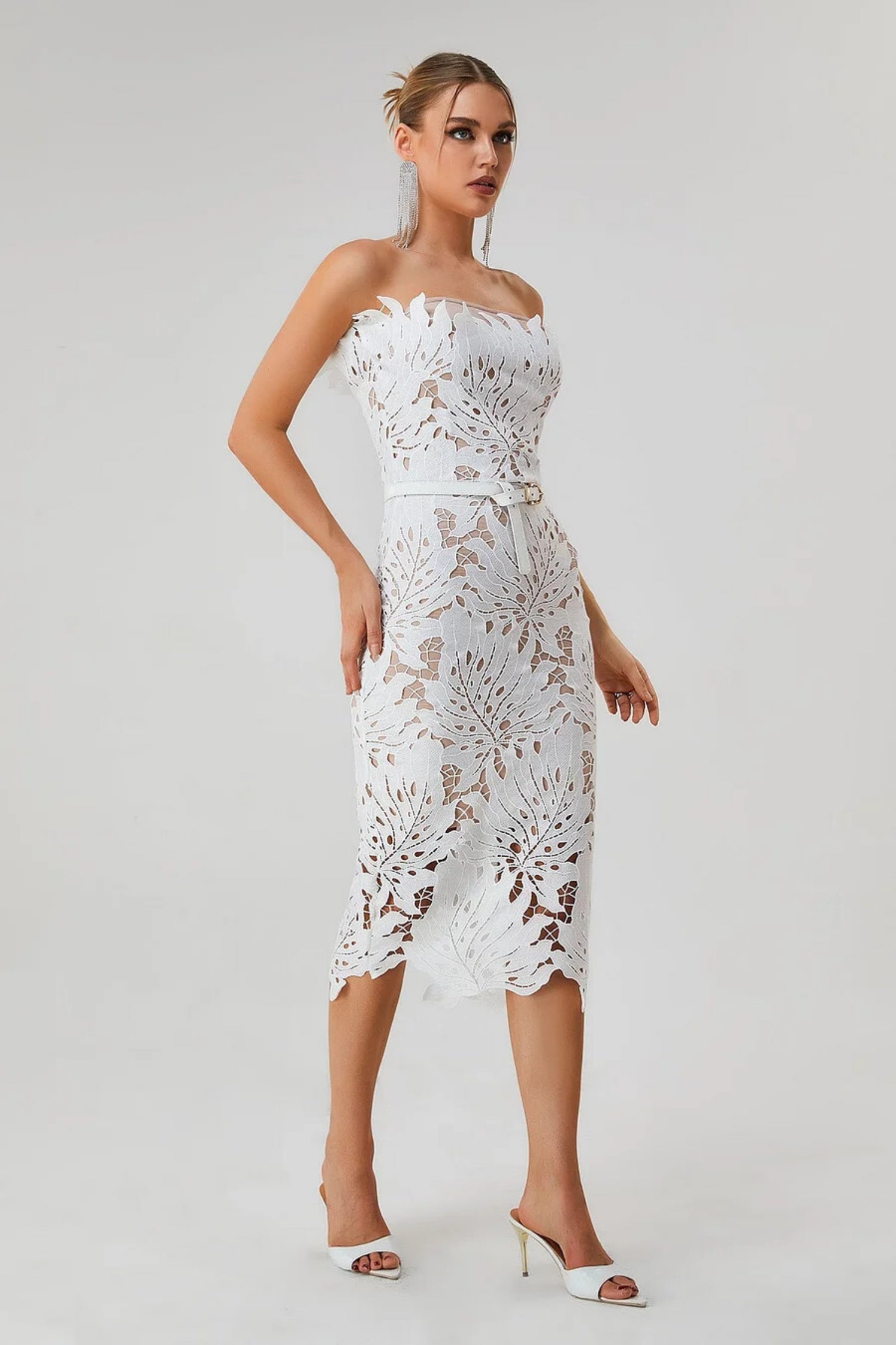 Isidore White Lace Floral Bandage Midi Dress