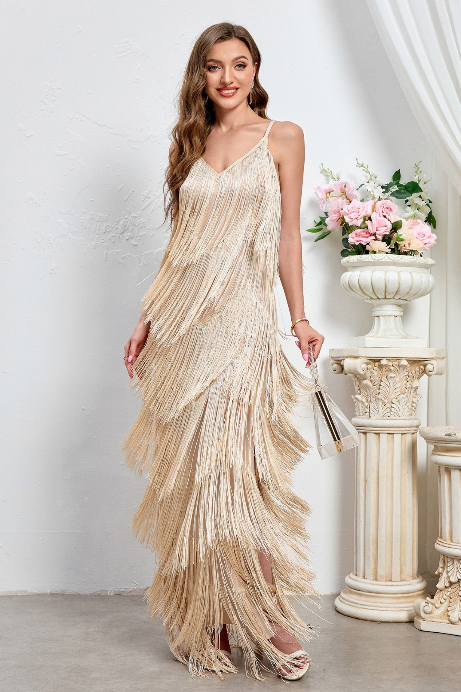 Jack Apricot Tiered Fringe Maxi Cocktail Dress Main image