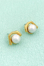 Jacova Geometric Pearl Stud Earrings In Gold