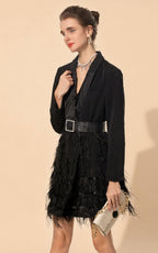 Jaxon Feather Detail Belted Blazer Dress In Black