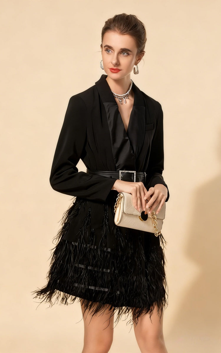 Jaxon Feather Detail Belted Blazer Dress In Black