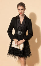 Jaxon Feather Detail Belted Blazer Dress In Black