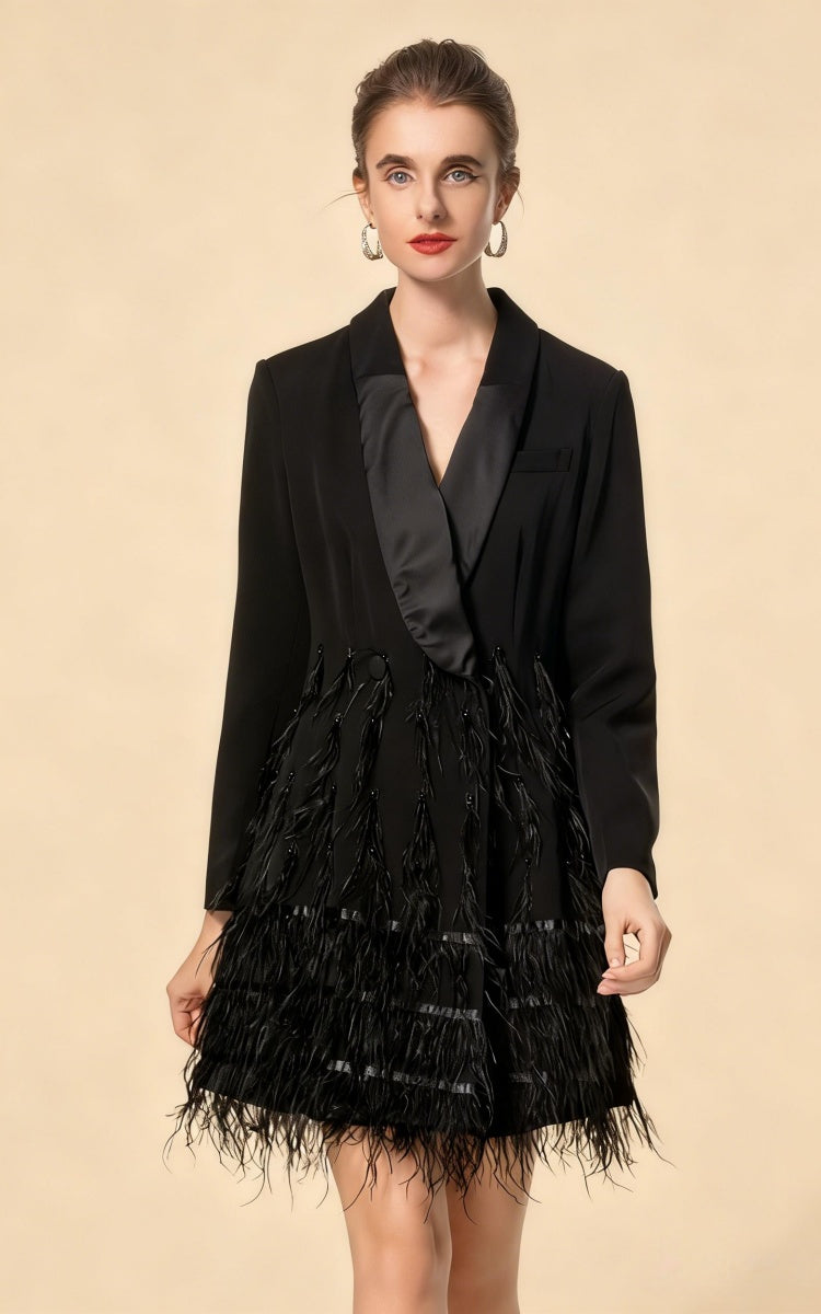 Jaxon Feather Detail Belted Blazer Dress In Black