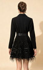 Jaxon Feather Detail Belted Blazer Dress In Black